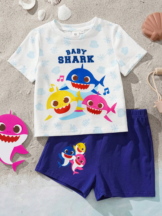 Cute Cartoon Shark Family Printed Short Sleeve T-Shirt & Shorts