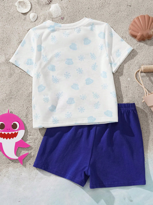 Cute Cartoon Shark Family Printed Short Sleeve T-Shirt & Shorts