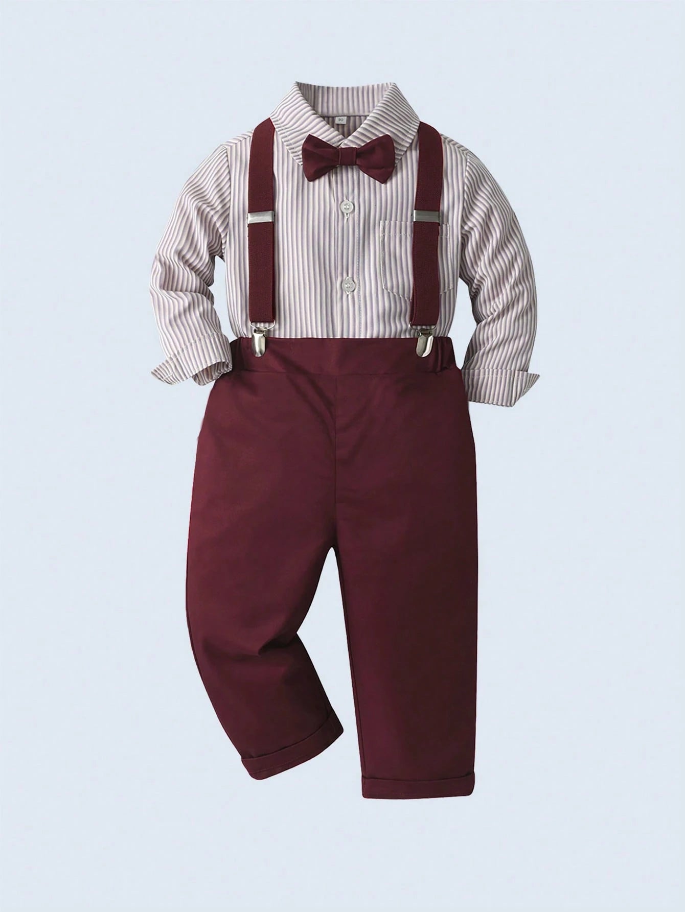 White Shirt With Bowknot & Suspender Pants Set