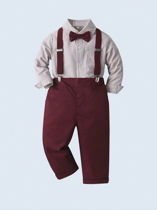 White Shirt With Bowknot & Suspender Pants Set