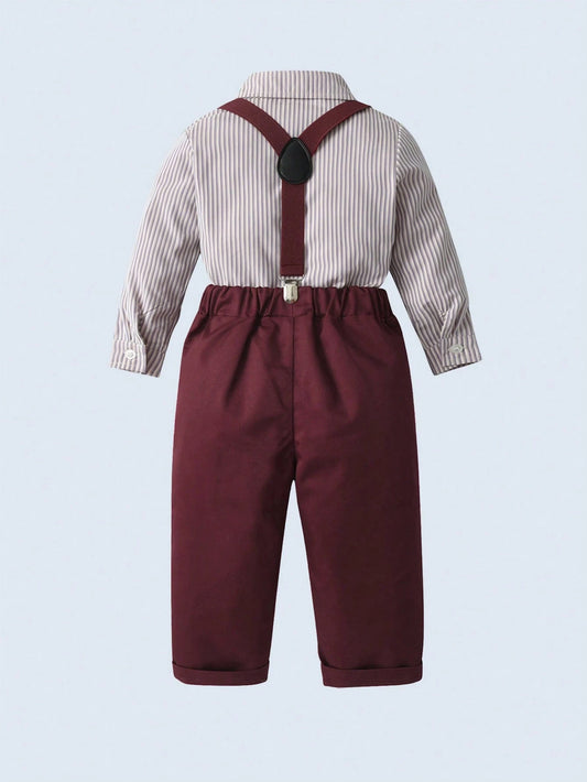 White Shirt With Bowknot & Suspender Pants Set