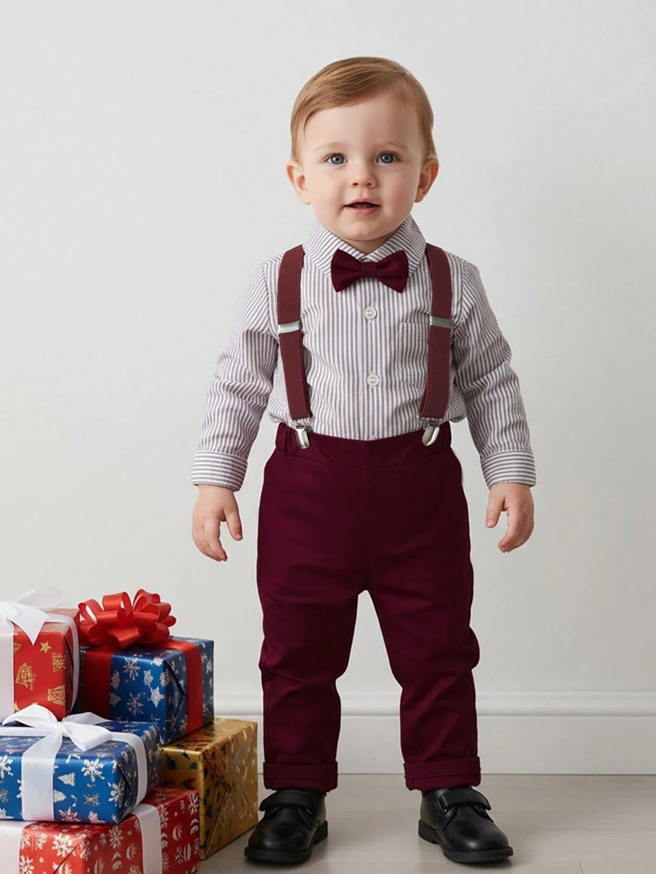 White Shirt With Bowknot & Suspender Pants Set