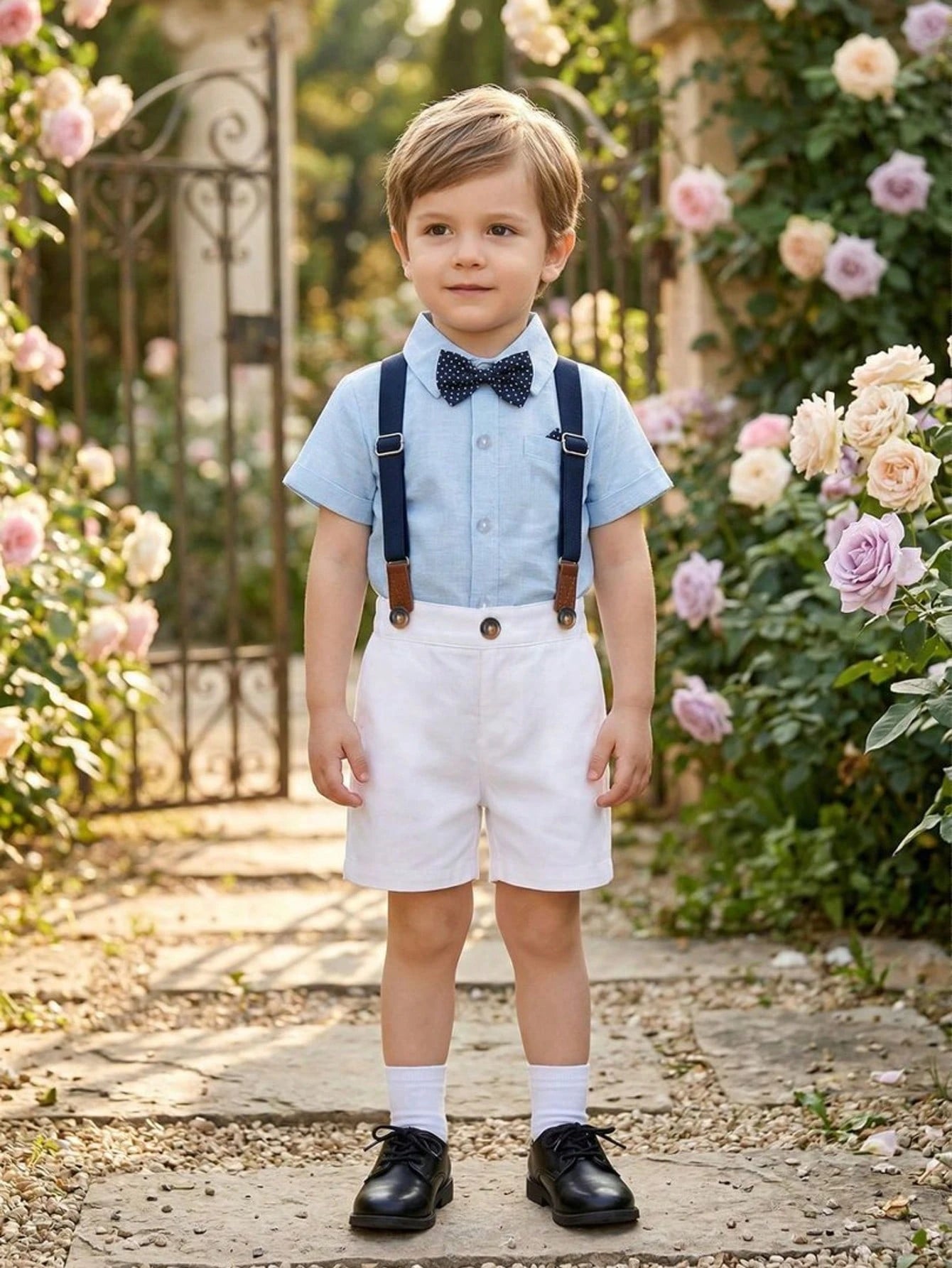 2pcs Young Boys Short Sleeve Shirt With Bow Tie And Suspender Shorts