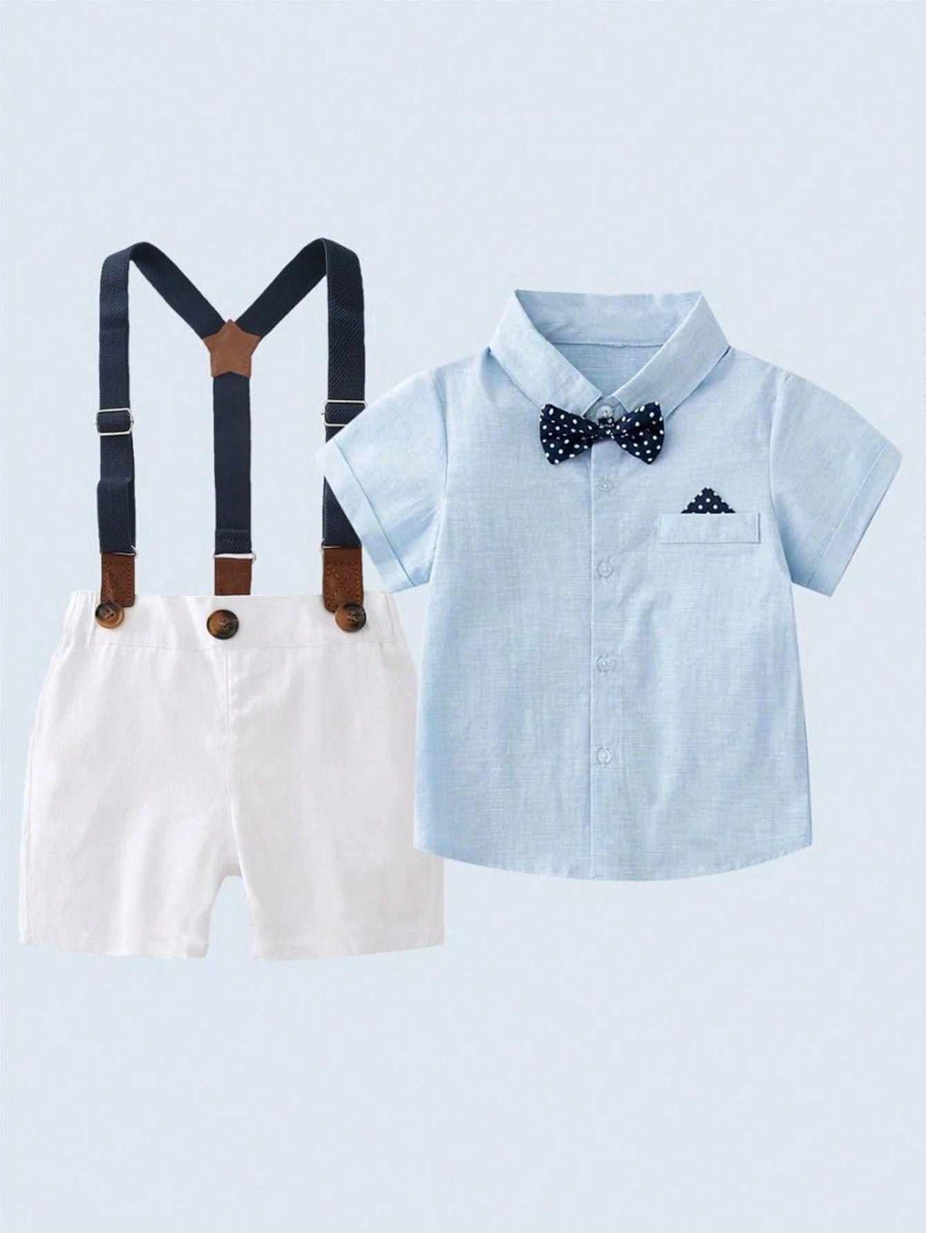 2pcs Young Boys Short Sleeve Shirt With Bow Tie And Suspender Shorts