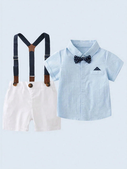 2pcs Young Boys Short Sleeve Shirt With Bow Tie And Suspender Shorts