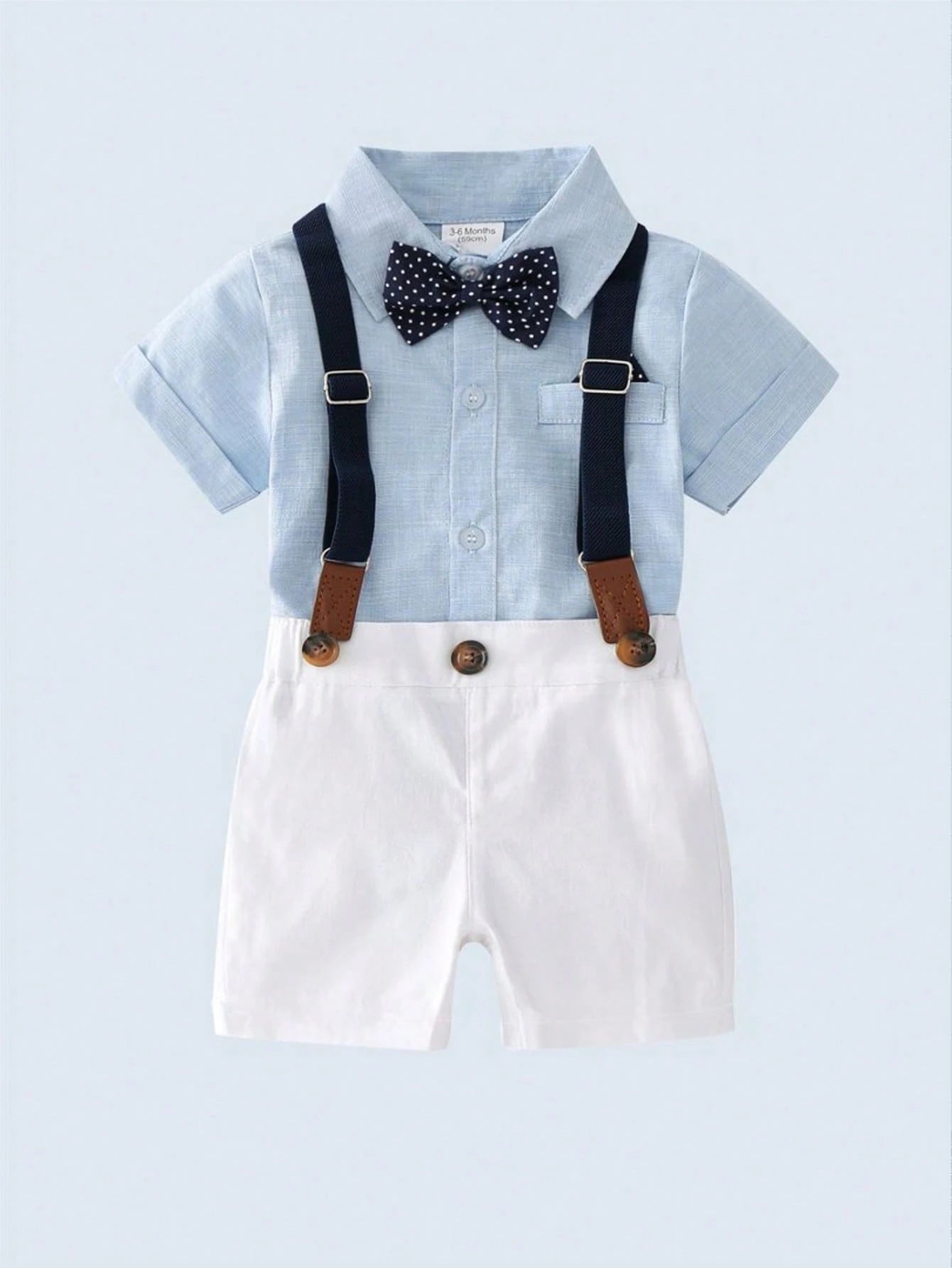 2pcs Young Boys Short Sleeve Shirt With Bow Tie And Suspender Shorts