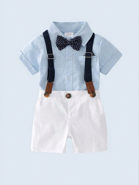 2pcs Young Boys Short Sleeve Shirt With Bow Tie And Suspender Shorts