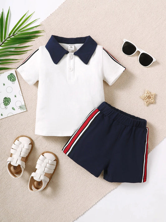 Baby Boy Contrast Collar Polo Shirt & Shorts Blue & White