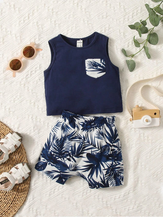Baby Boy Tropical Print Patched Pocket Tank Top & Shorts Blue & White