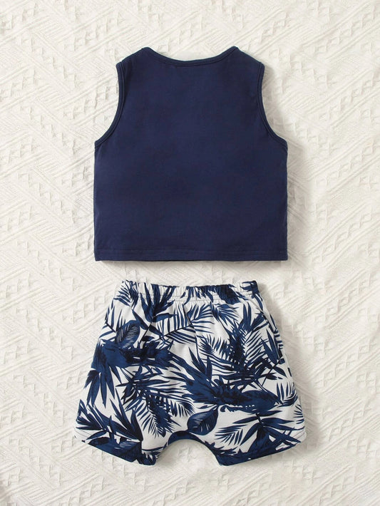 Baby Boy Tropical Print Patched Pocket Tank Top & Shorts