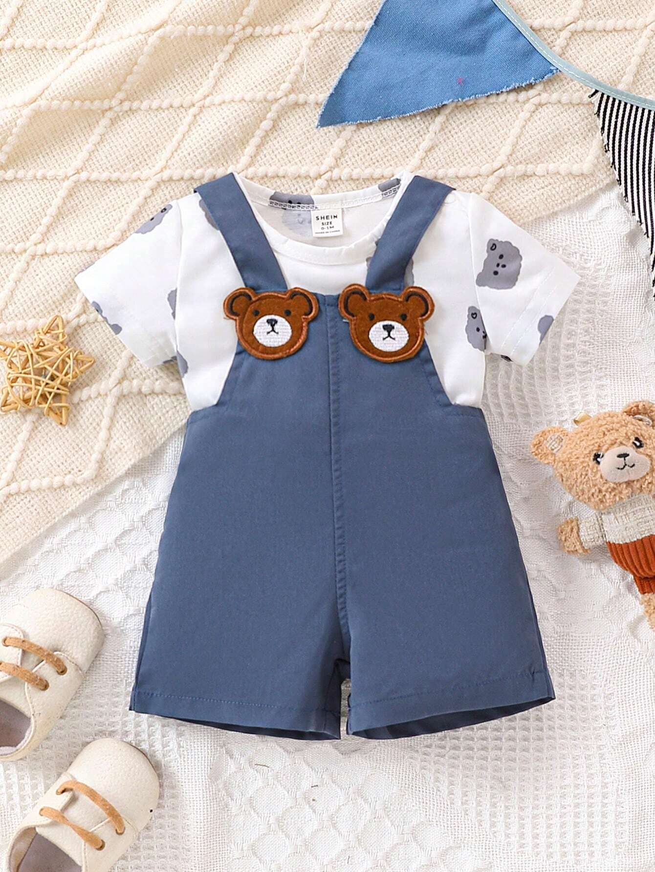 Baby Boys' Adorable Bear Pattern Short Sleeve Top And Overall Shorts Set Multicolor