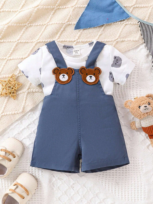 Baby Boys' Adorable Bear Pattern Short Sleeve Top And Overall Shorts Set Multicolor