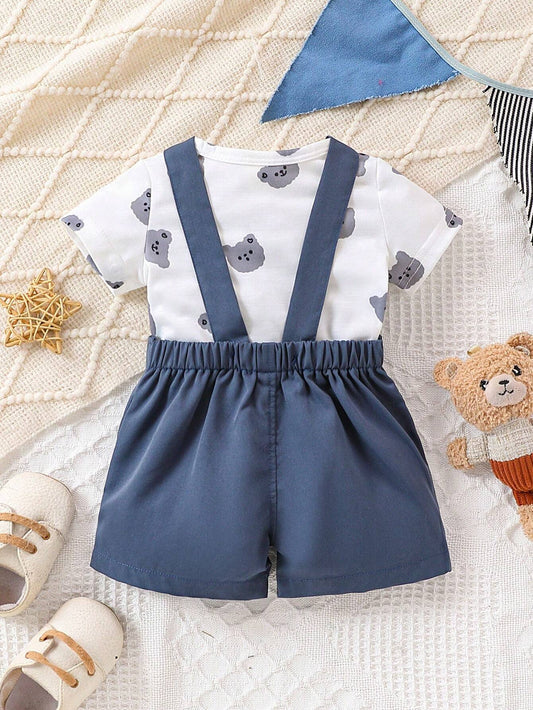Baby Boys' Adorable Bear Pattern Short Sleeve Top And Overall Shorts Set