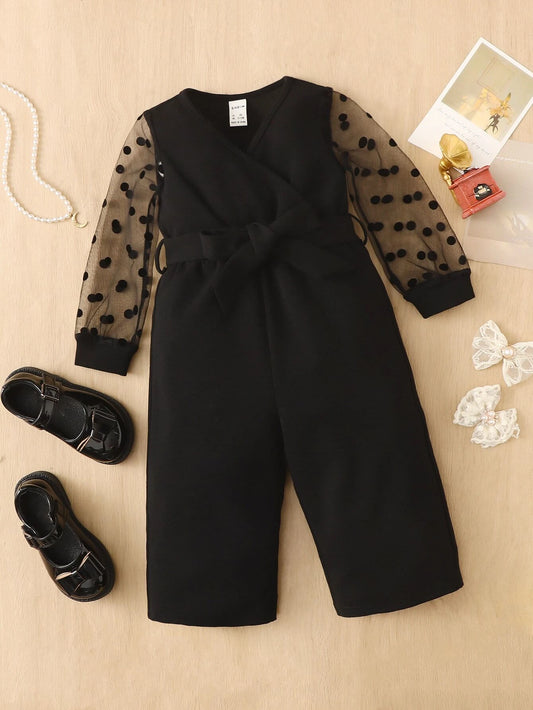 Baby Girl Polka Dot Mesh Insert Belted Jumpsuit Black