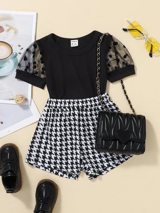 Baby Girl Sheer Dobby Mesh Puff Sleeve Tee & Houndstooth Shorts Black & White