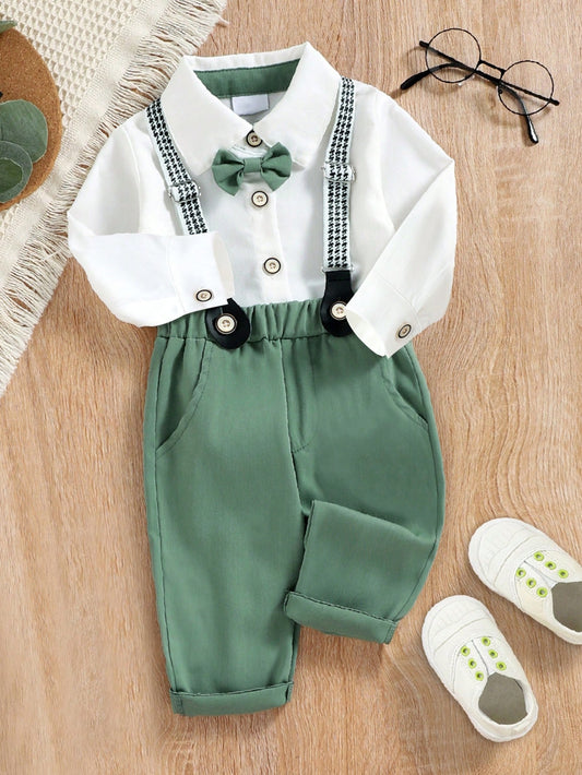 Baby Boy Bow Front Shirt & Suspender Pants