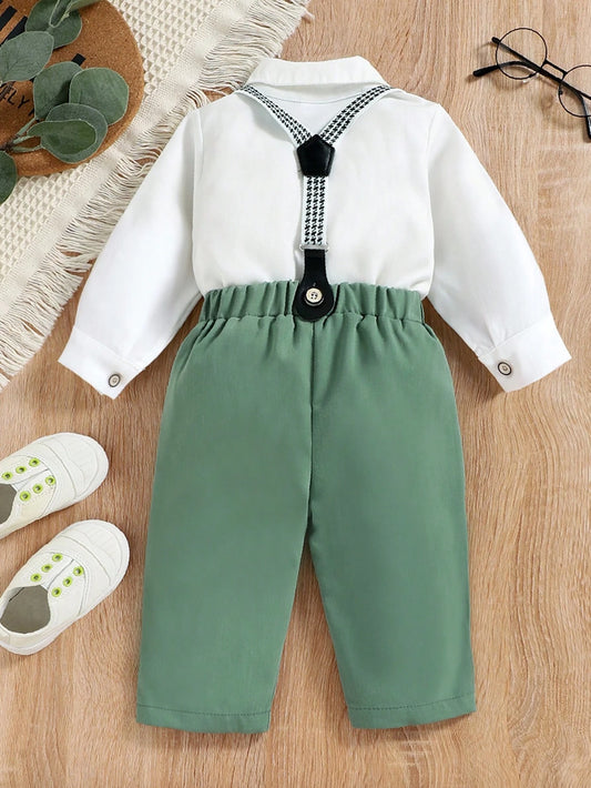 Baby Boy Bow Front Shirt & Suspender Pants