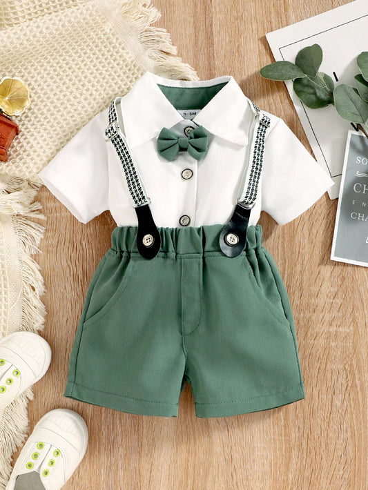 Baby Boy Bow Front Shirt & Suspender Shorts
