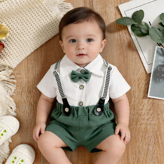 Baby Boy Bow Front Shirt & Suspender Shorts