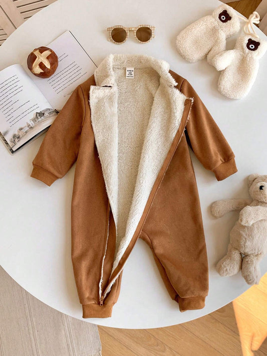 Baby Boy Casual Vintage Style Thermal Lined Lapel Collar Long Sleeve Romper Rust Brown