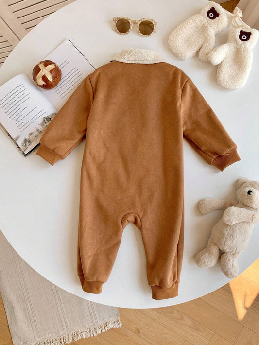 Baby Boy Casual Vintage Style Thermal Lined Lapel Collar Long Sleeve Romper