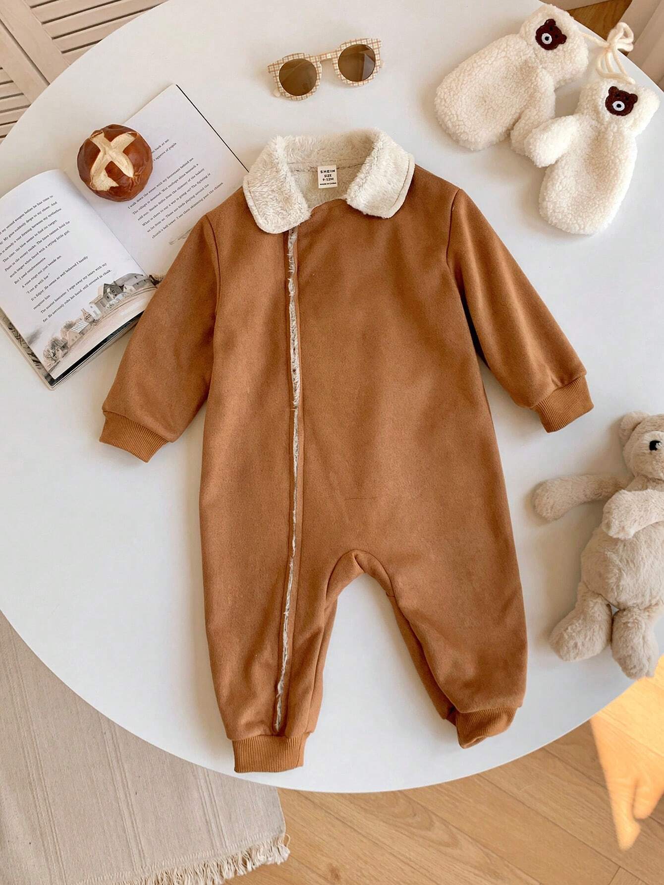 Baby Boy Casual Vintage Style Thermal Lined Lapel Collar Long Sleeve Romper