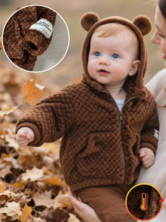 Baby Boy Cute 3D Animal Ear Hooded Double Layer Plush Casual Jacket Brown