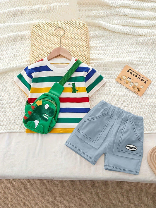 Embroidery Dinosaur Pattern Stripe Short Sleeve Top And Shorts Set With Dinosaur Backpack