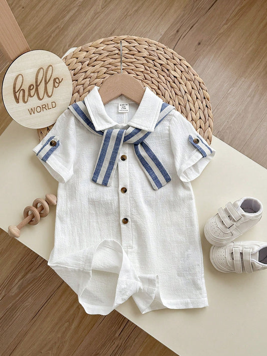 Mummy & Mee, Solid Color Short Sleeve Shirt, Striped Shawl Romper 12-18M