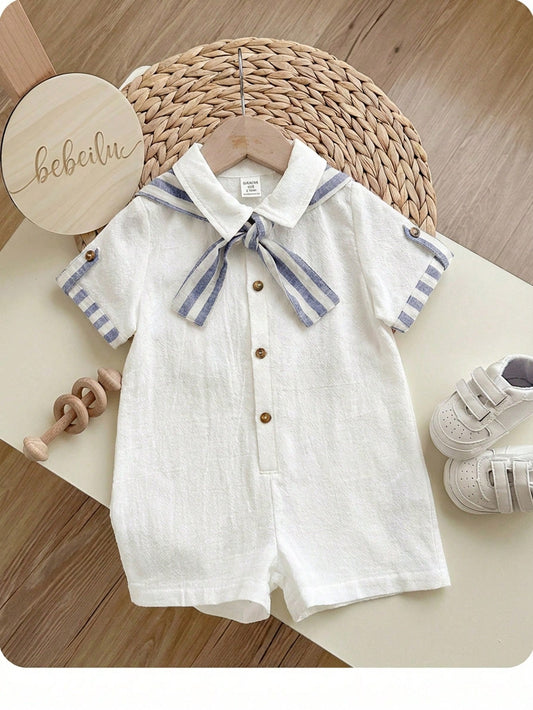 Resort Solid Color Short Sleeve Shirt, Striped Shawl Romper