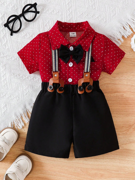 Baby Boy Polka Dot Collar Single-Breasted Short Sleeve Top And Bib Shorts