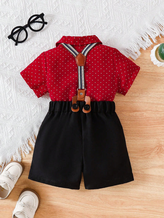 Mummy & Mee Baby Boy Polka Dot Collar Single-Breasted Short Sleeve Top And Bib