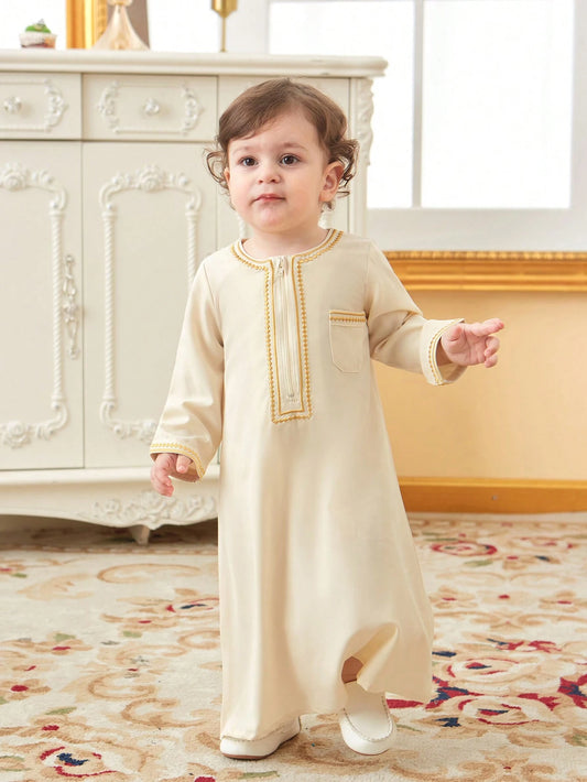 Baby Boy Traditional Embroidery Long Cardigan With Golden Trim