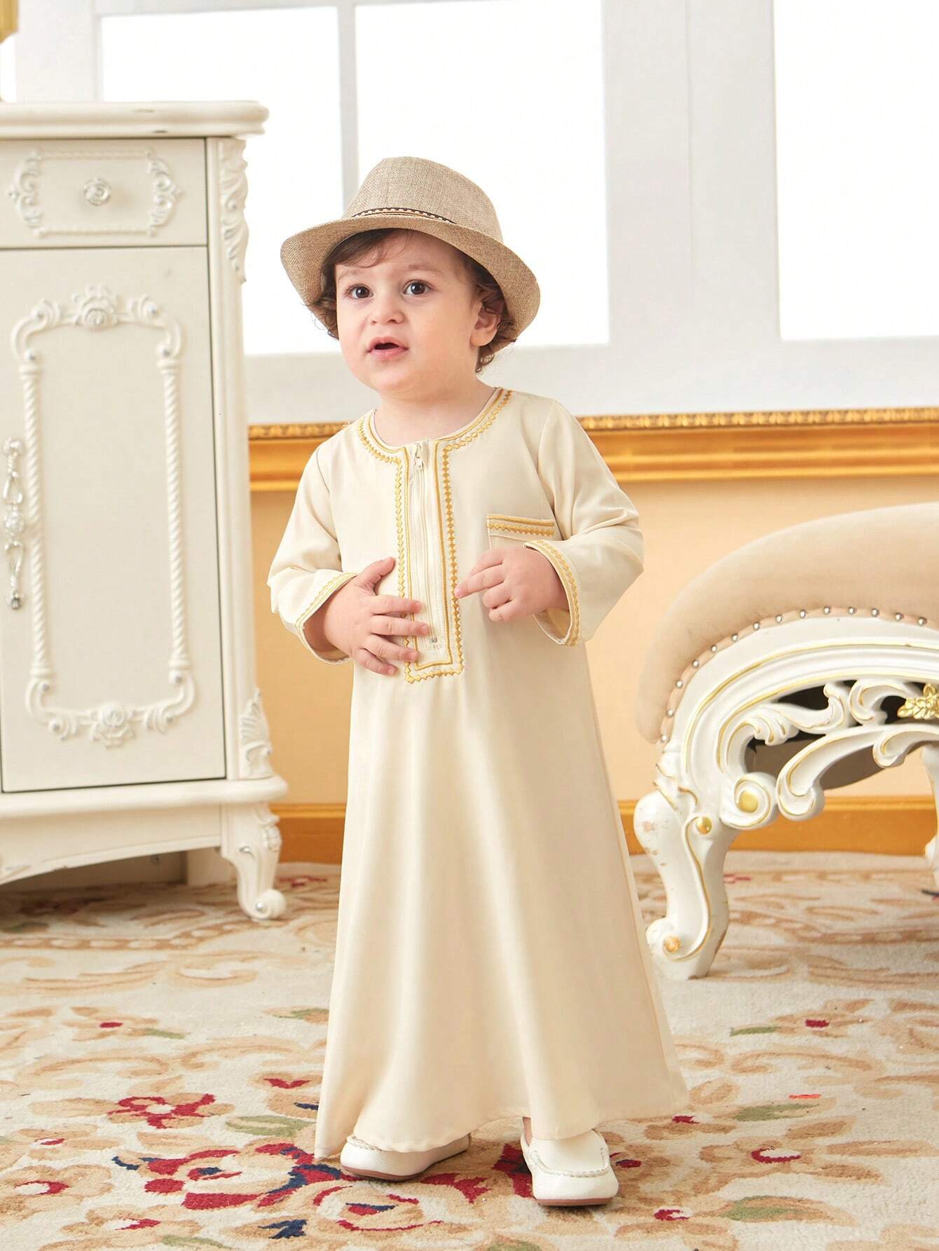 Baby Boy Traditional Embroidery Long Cardigan With Golden Trim