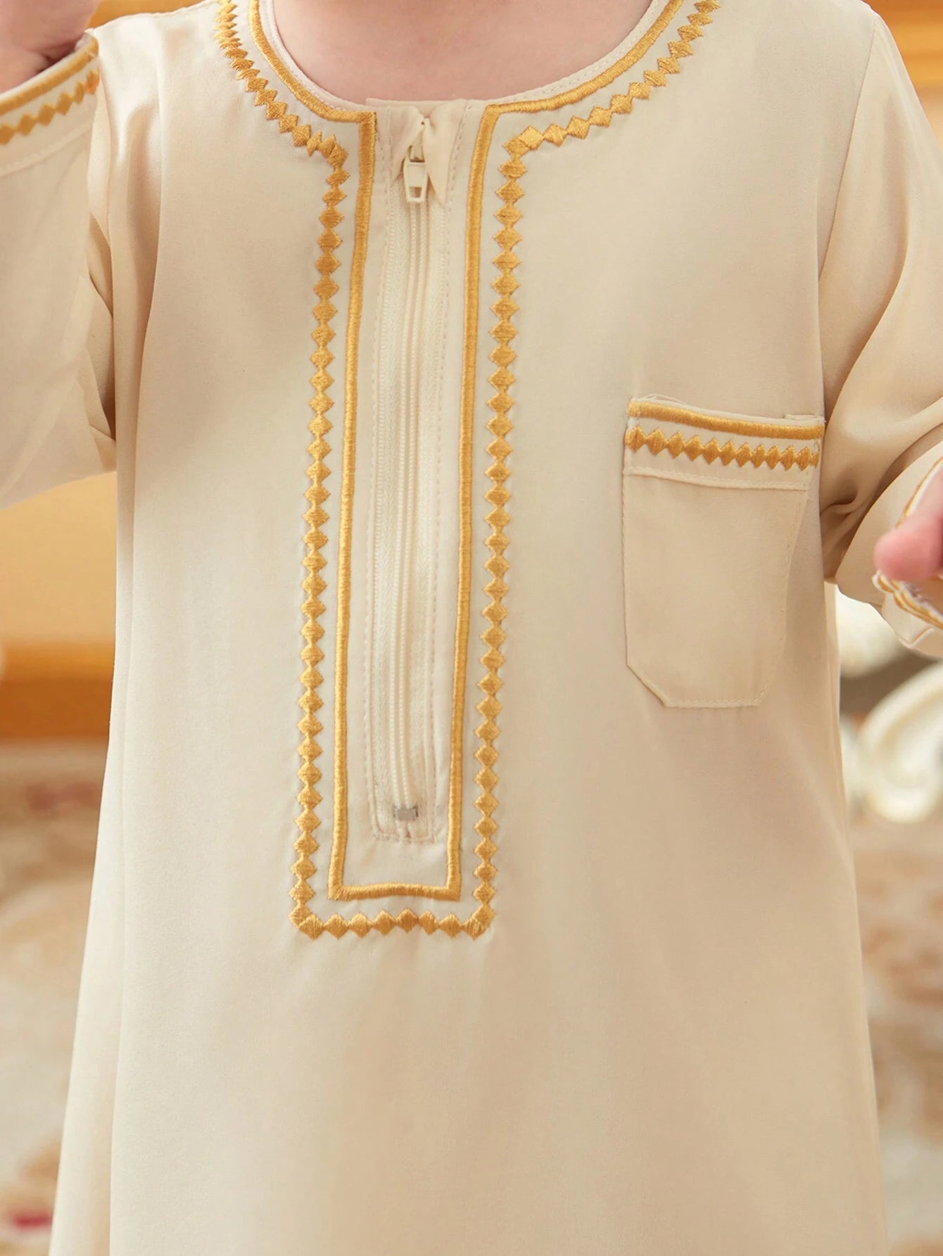 Baby Boy Traditional Embroidery Long Cardigan With Golden Trim