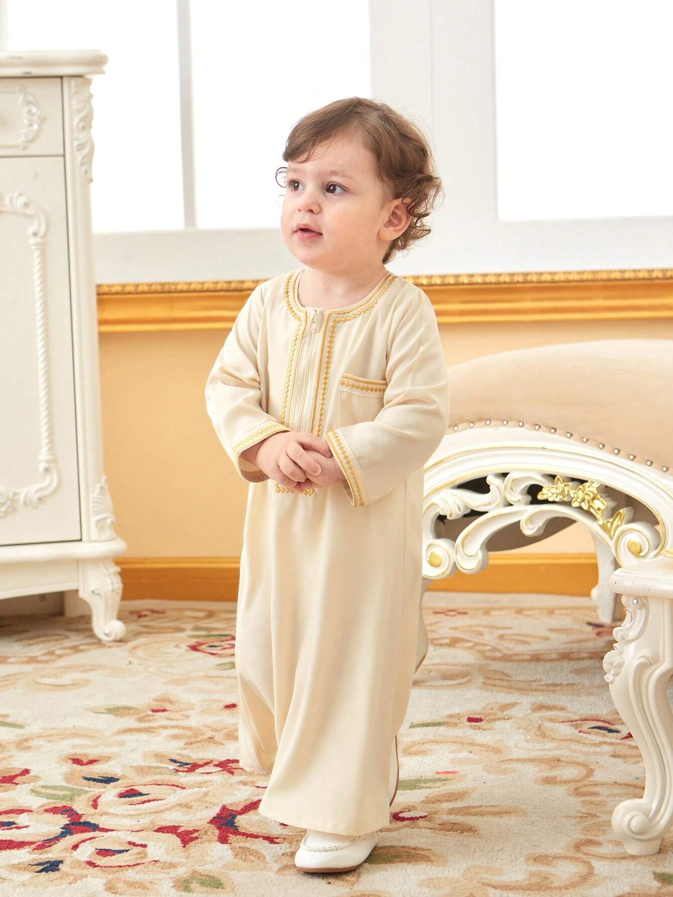Baby Boy Traditional Embroidery Long Cardigan With Golden Trim