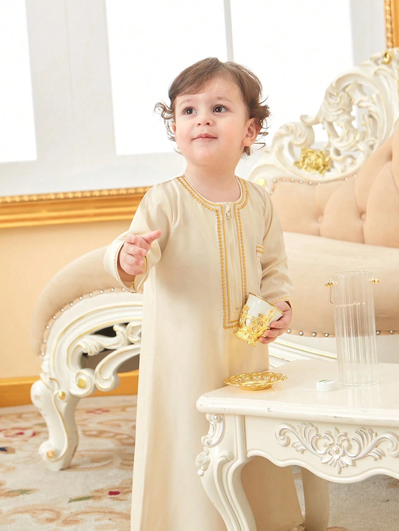 Baby Boy Traditional Embroidery Long Cardigan With Golden Trim