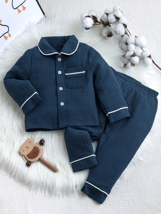 Baby Boy Turn-Down Collar Color Block Trimmed Button-Up Pajamas Set