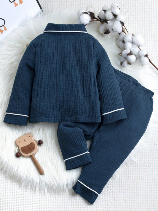 Baby Boy Turn-Down Collar Color Block Trimmed Button-Up Pajamas Set