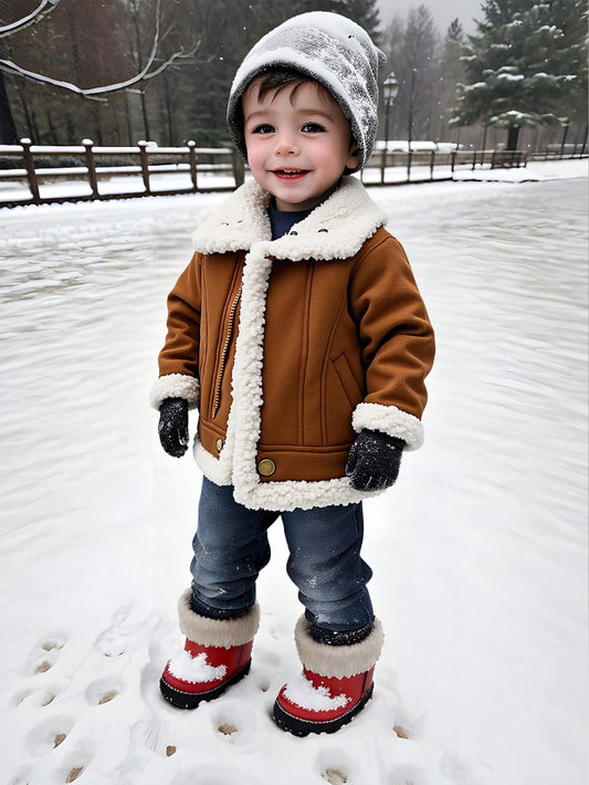 Unisex Baby Clothes Winter Outfit Teddy Lined Zip Up Turndown Collared Motorcycle Jacket Brown 2