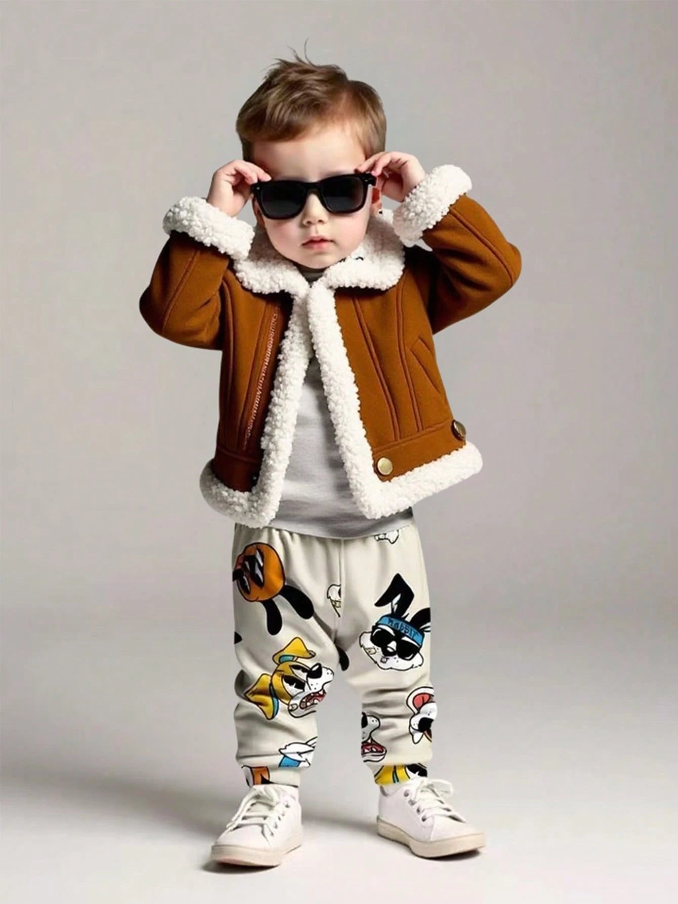 Unisex Baby Clothes Winter Outfit Teddy Lined Zip Up Turndown Collared Motorcycle Jacket