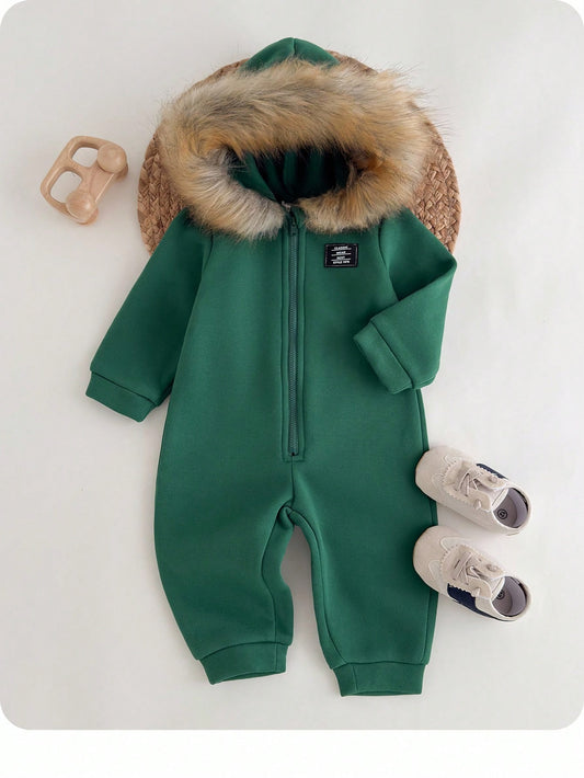 Baby Boys Casual College Style Comfortable Solid Color Thermal Lined Hooded Jumpsuit-S 12-18M