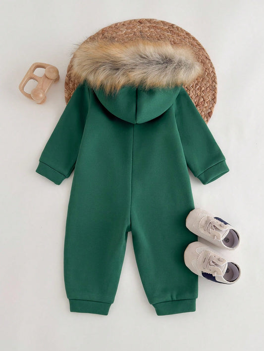 Baby Boys Casual College Style Comfortable Solid Color Thermal Lined Hooded Jumpsuit-S