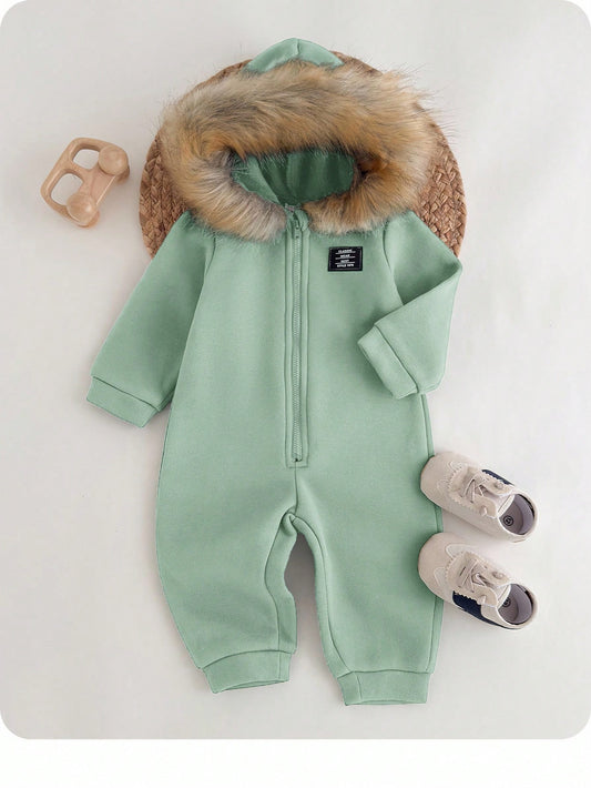 Solid Color Thickened Thermal Lined Hooded Jumpsuit-S 3-6M