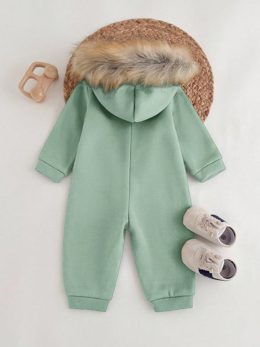 Solid Color Thickened Thermal Lined Hooded Jumpsuit-S