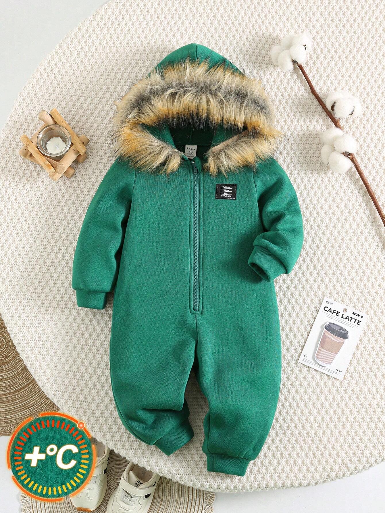 Baby Boys Casual Thermal Lined Plain Color Hoodie Jumpsuit Green