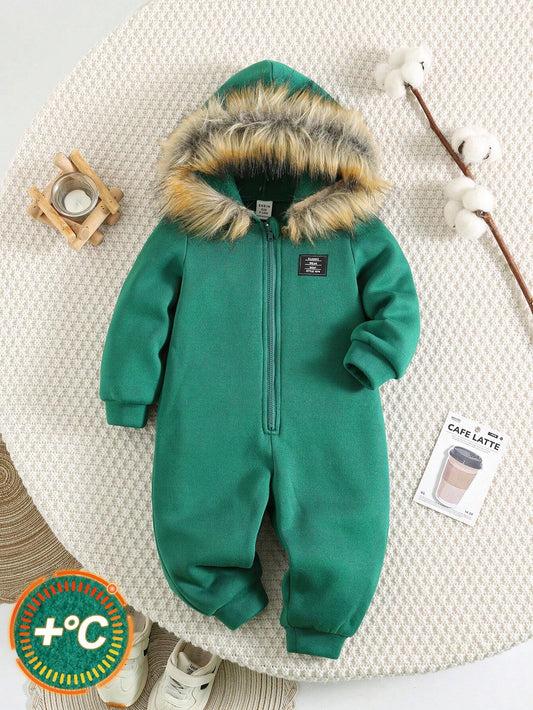 Baby Boys Casual Thermal Lined Plain Color Hoodie Jumpsuit Green