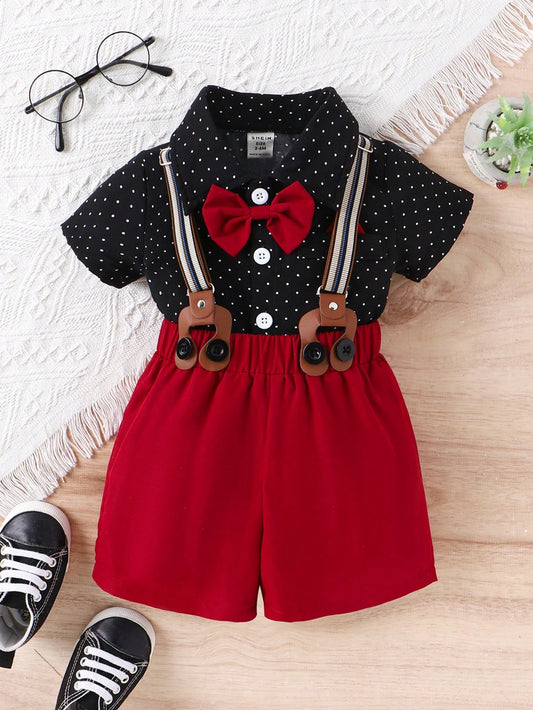 Baby Boy Polka Dot Collar Single-Breasted Short Sleeve Top And Bib Shorts