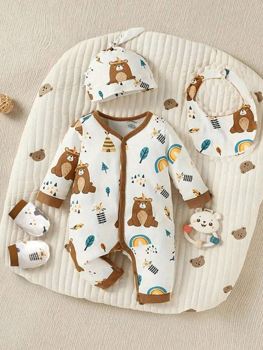 4pcs/Set Baby Boys' Rainbow Bear Print Long Sleeve Romper, Hat, Bib, Mittens Multicolor