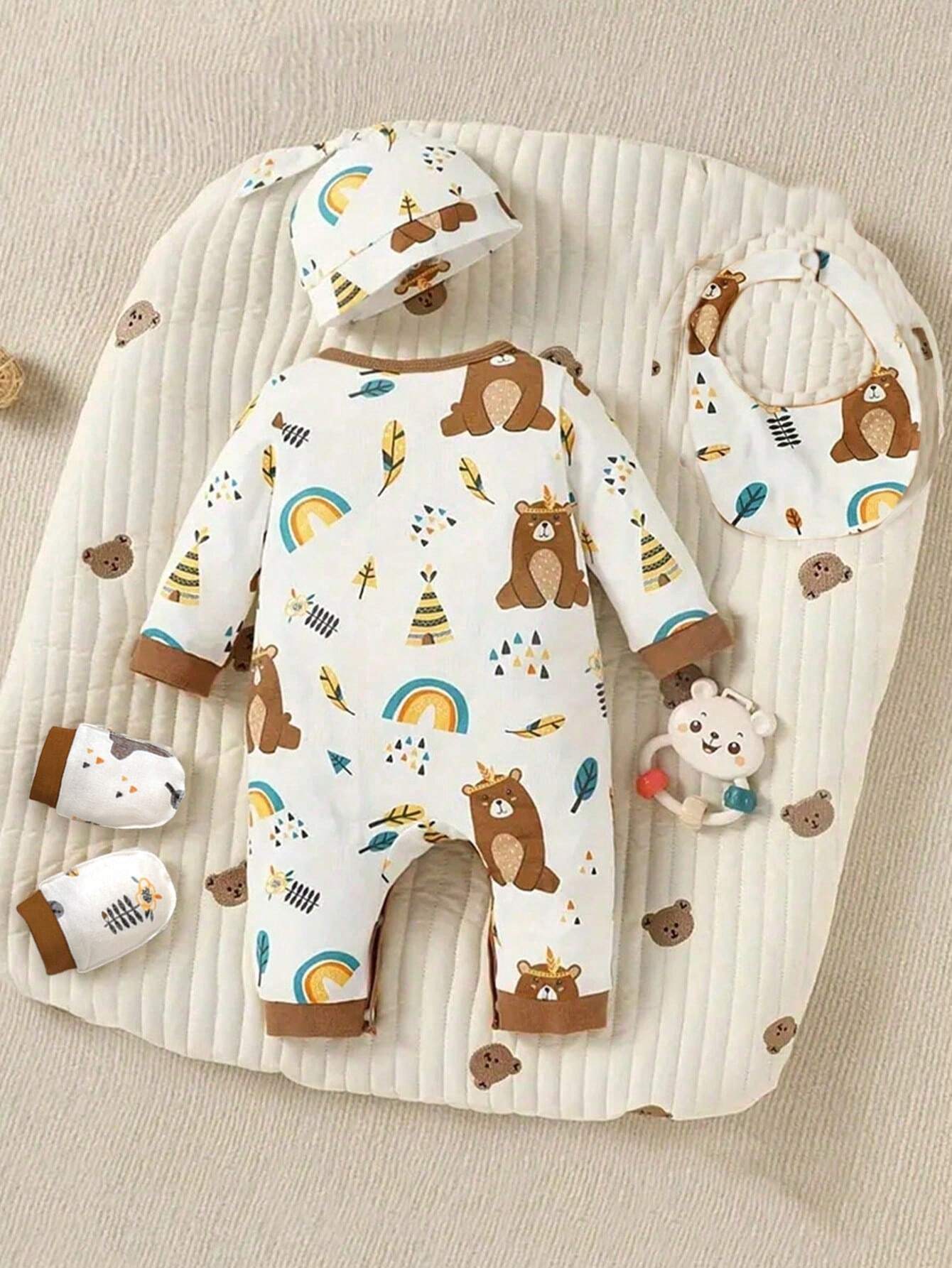 4pcs/Set Baby Boys' Rainbow Bear Print Long Sleeve Romper, Hat, Bib, Mittens